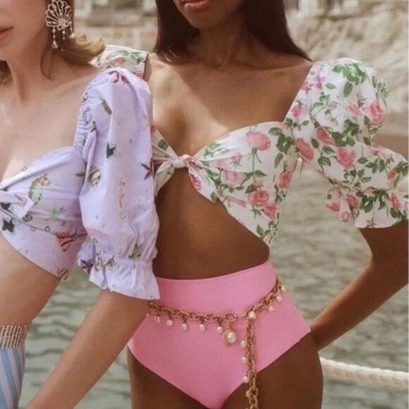 Hill House The Isabella Top in Pink Roses Puff Sleeve Poplin Floral Bow Crop Top - Picture 5 of 10